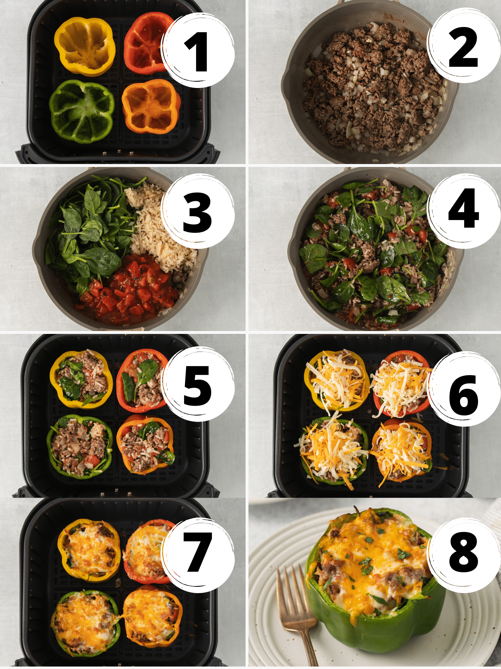 a collage of 8 images illustrating the steps needed to make homemade stuffed peppers in the air fryer