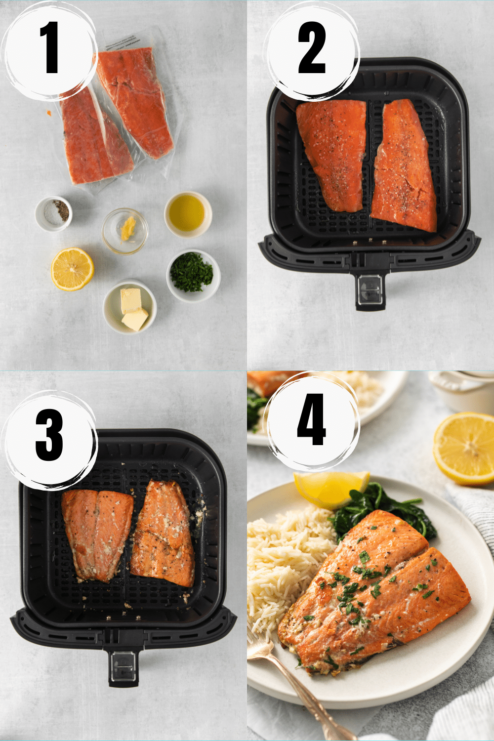 a collage of four images showing how to make frozen salmon in the air fryer.