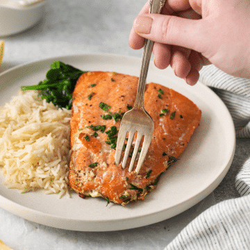 a plate of air fried salmon with seasonings, and a side of rice. A hand is holding a fork into the salmon.