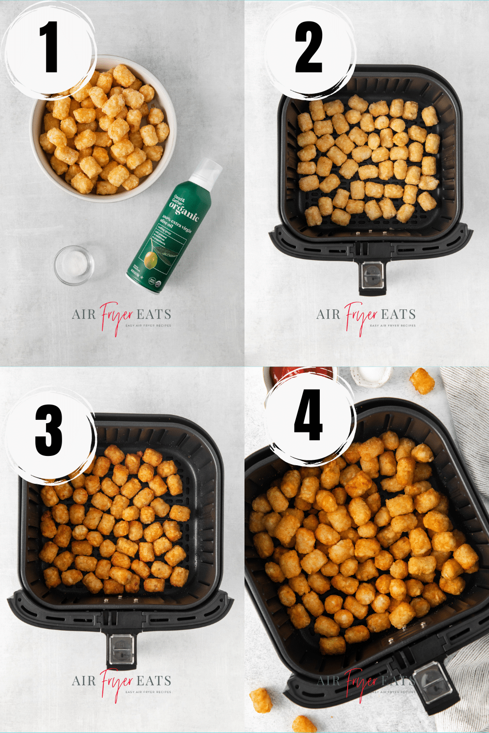 a collage of four images showing how to make ore ida tater tots in the air fryer. 