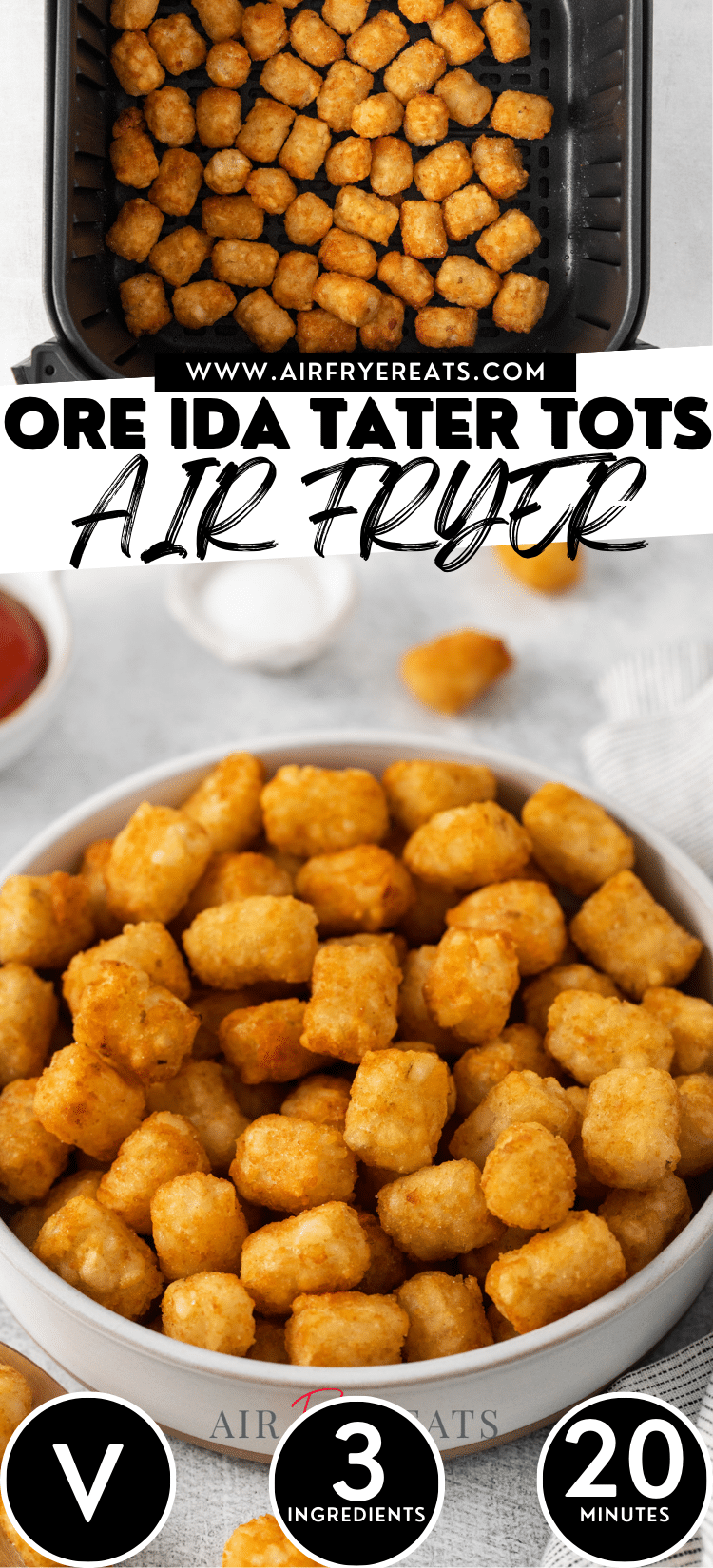 Ore Ida Tater Tots in the Air Fryer cook up super crispy using these easy instructions. Your tots will be ready in half the time that it takes to bake them in the oven, and everyone loves them! via @vegetarianmamma