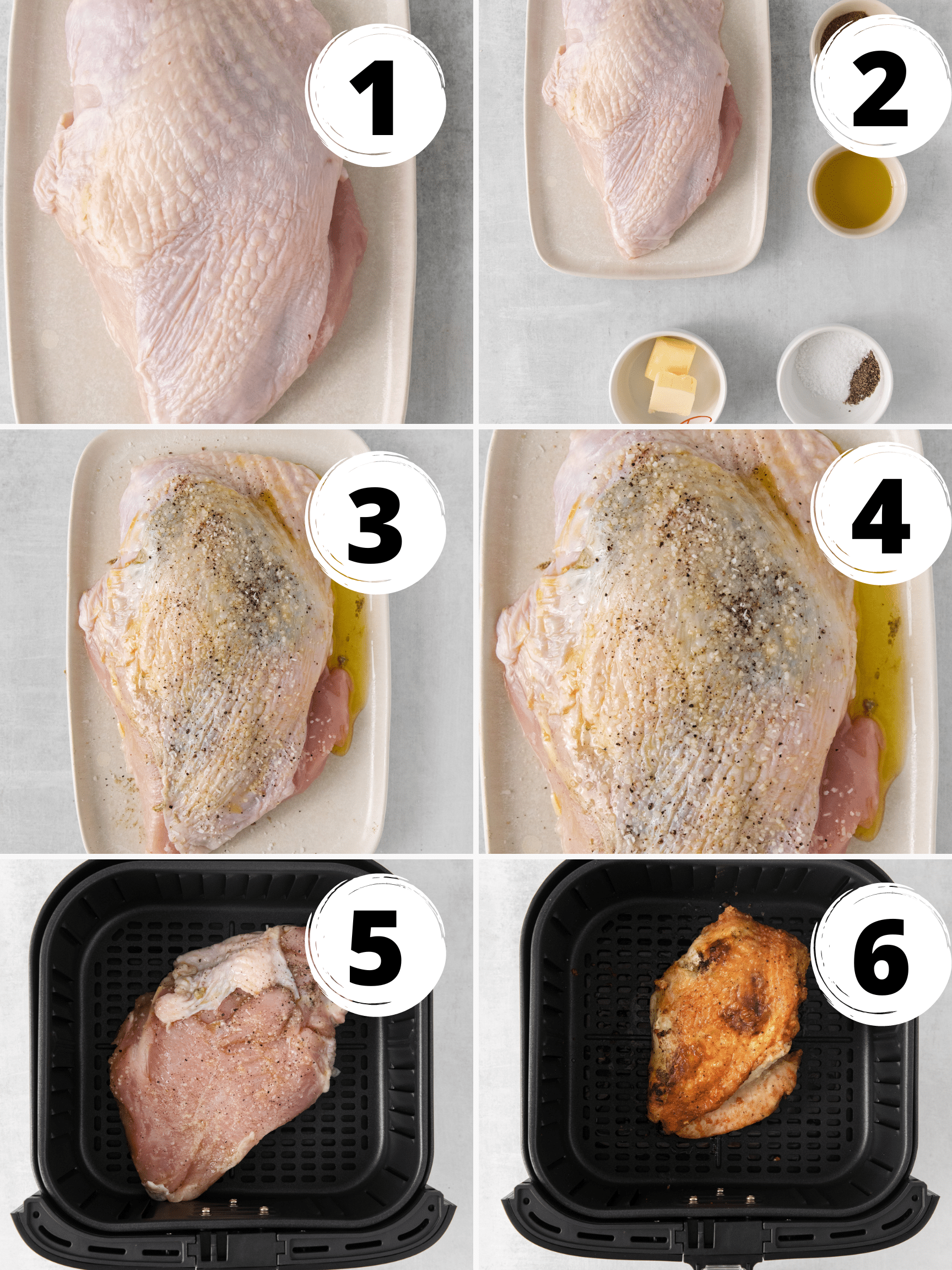 a collage of six images showing how to make turkey breast in an air fryer.