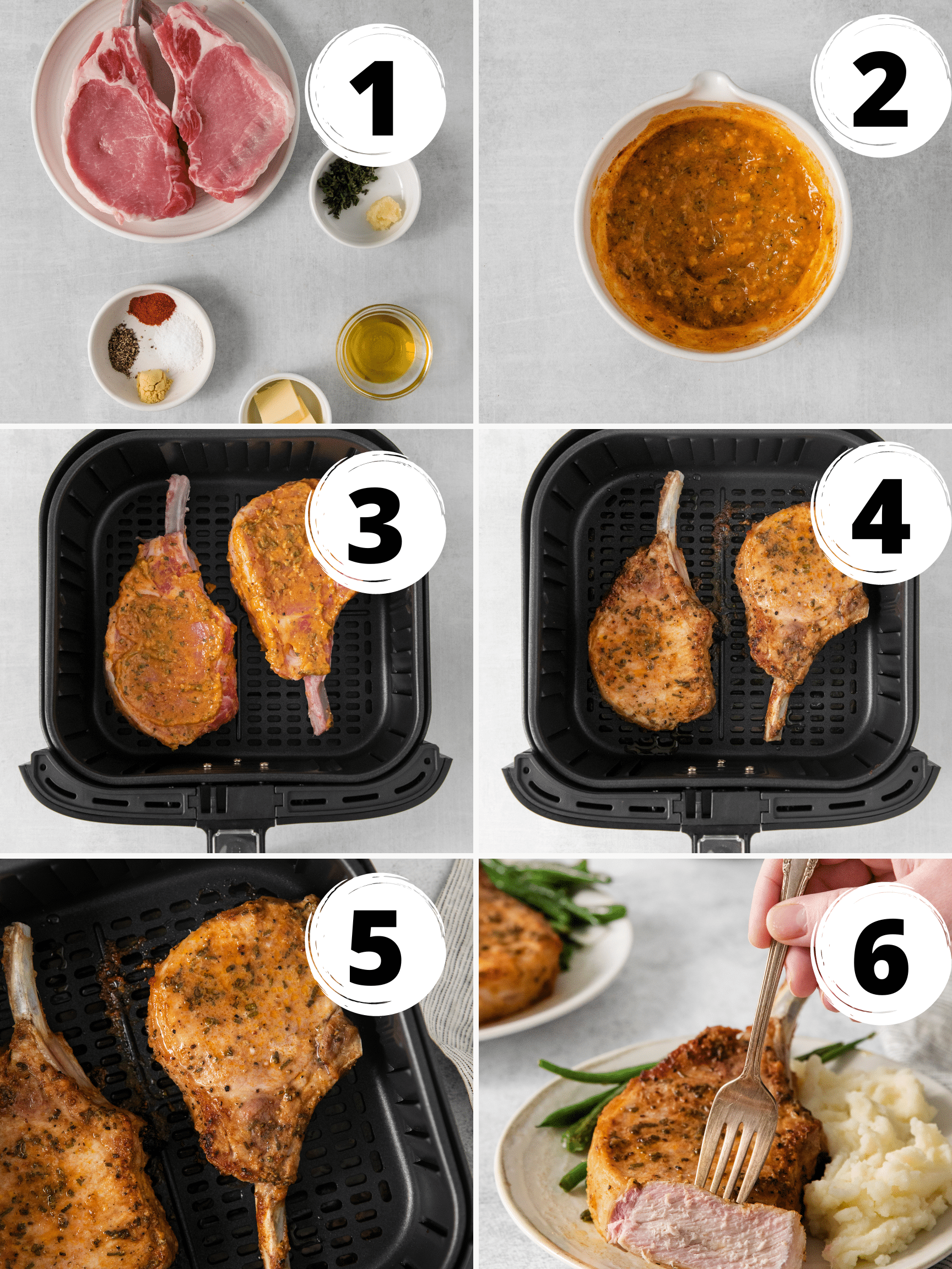 A collage of images showing how to make bone in pork chops in the air fryer.