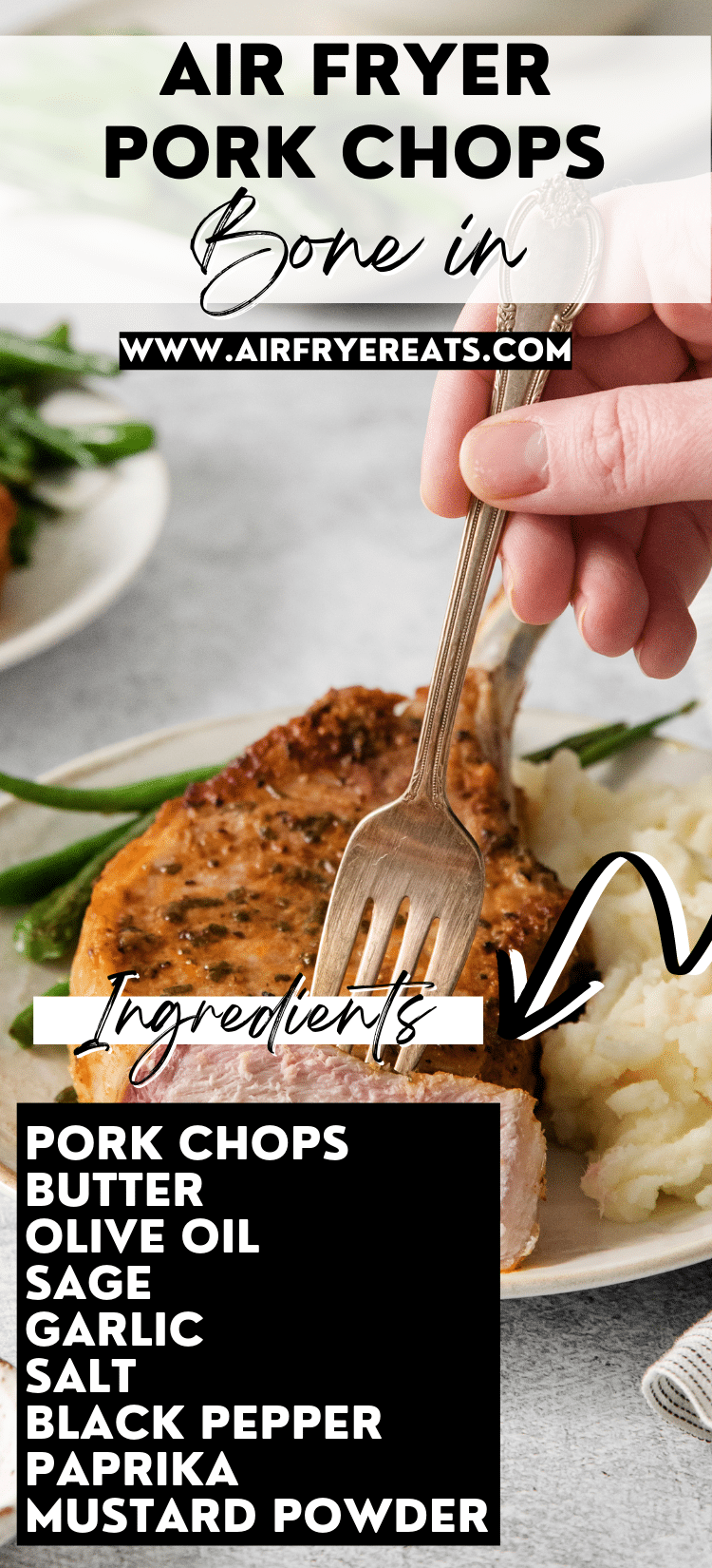 This recipe for Air Fryer Bone In Pork Chops is so simple, and will result in the tastiest pork chops ever! via @vegetarianmamma
