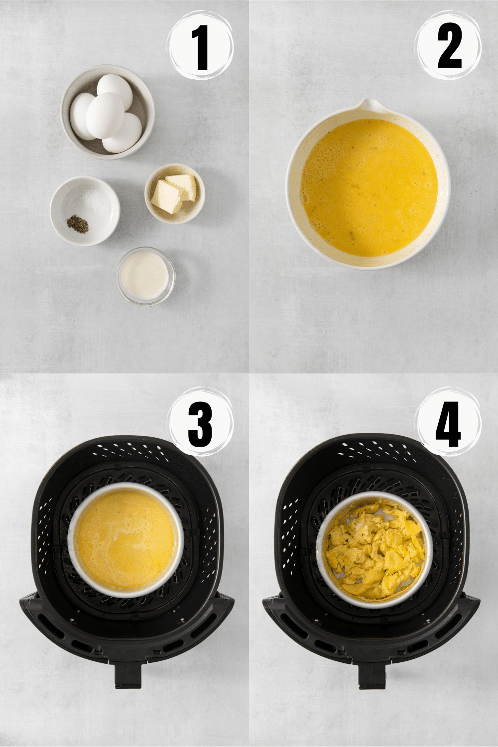 a collage of four images showing how to make scrambled eggs in a pan in the air fryer.
