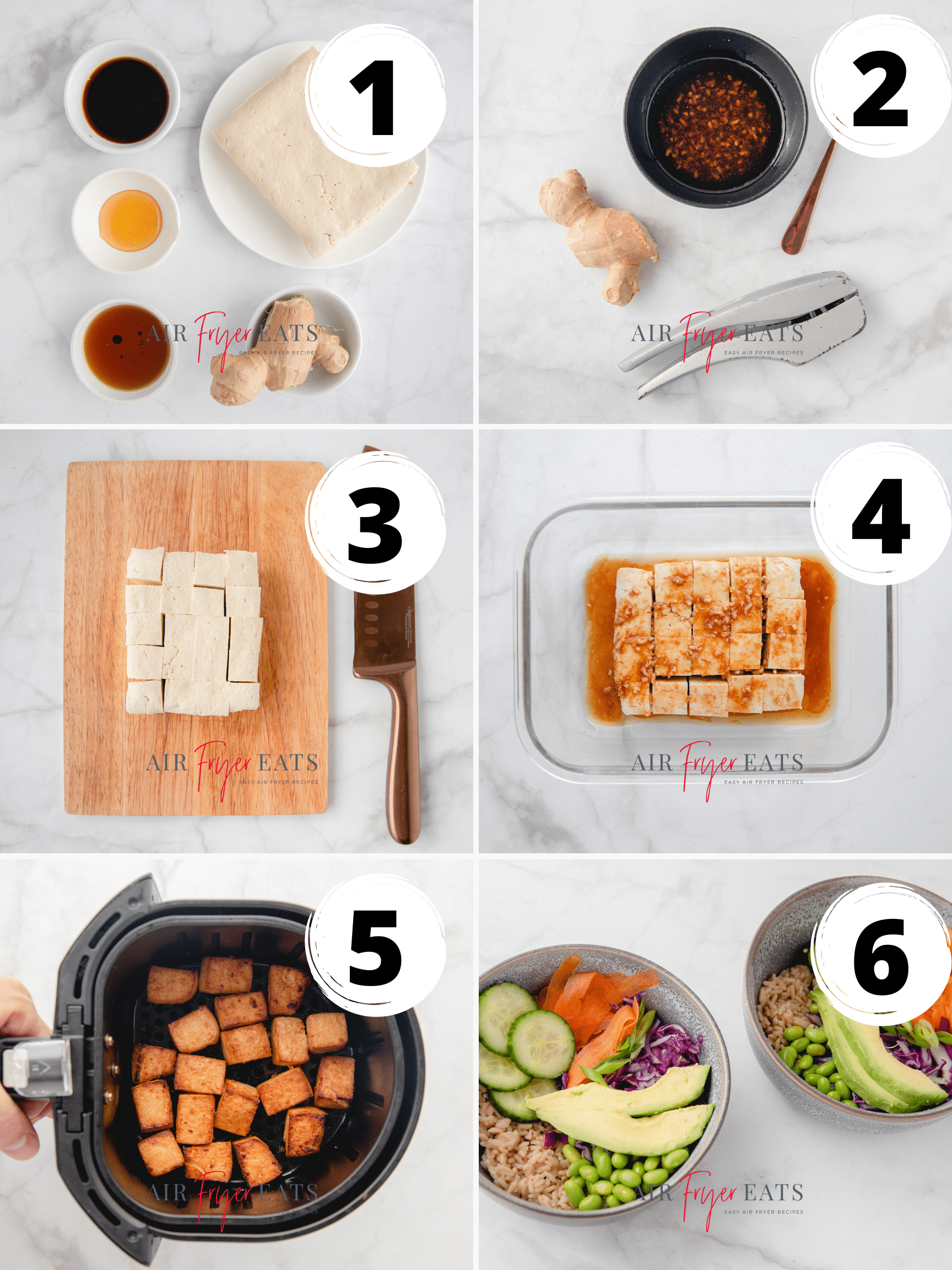 A collage showing the six steps of how to make air fryer poke bowls