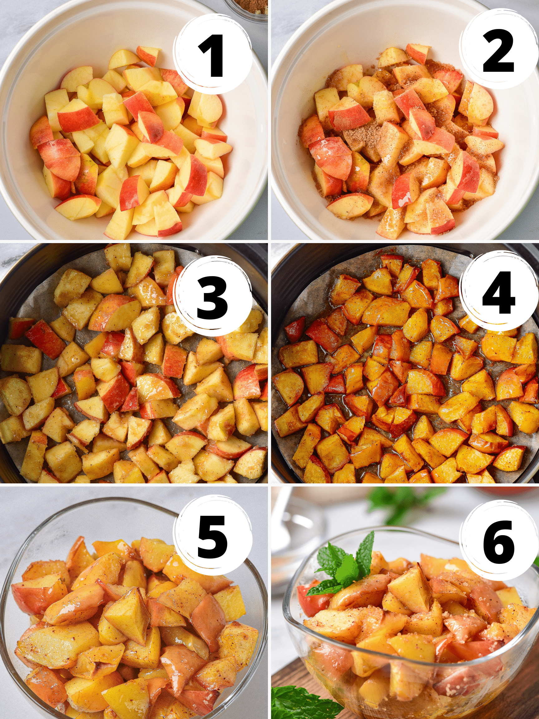 a collage of 6 photos showing how to make fried apples in the air fryer