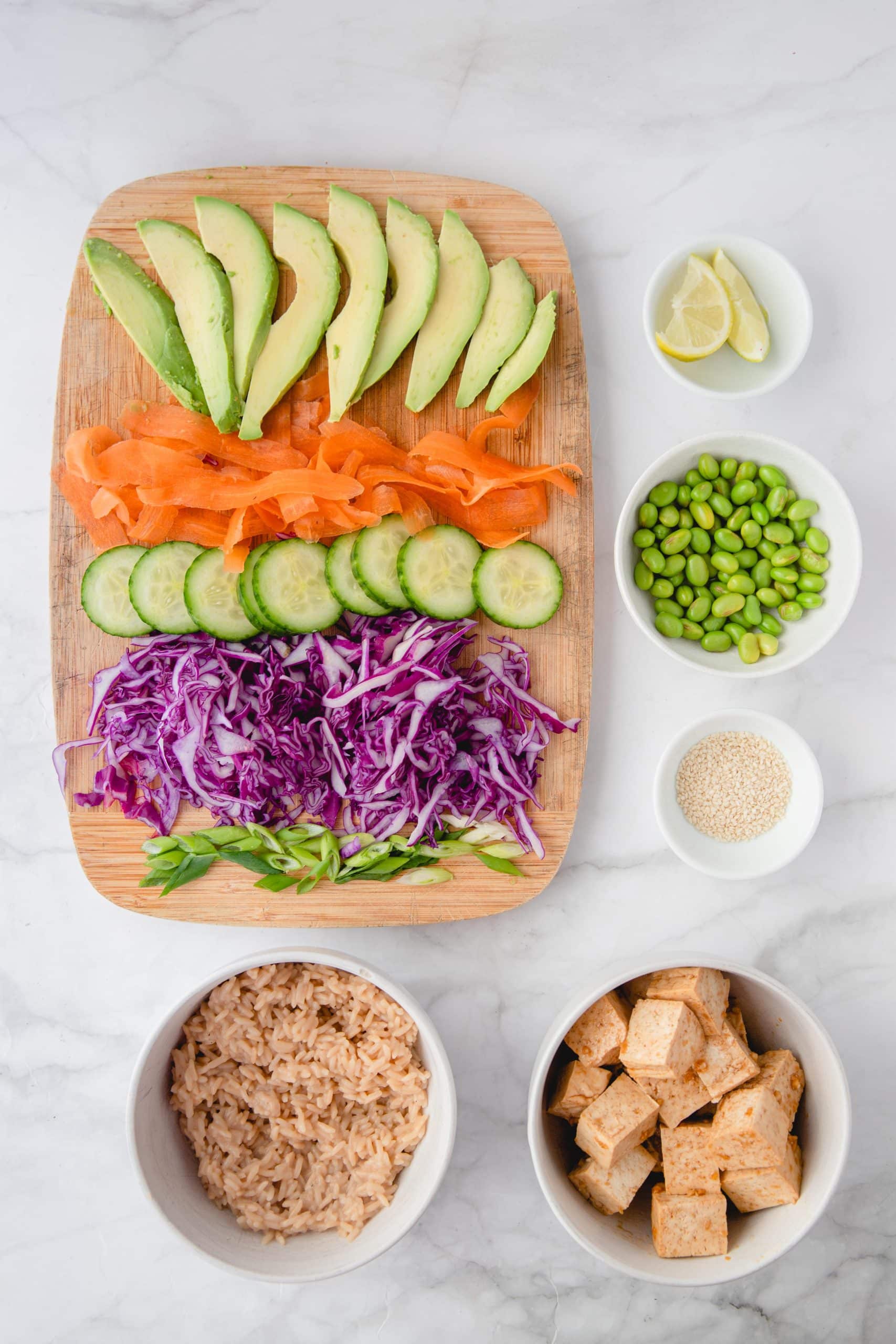 A picture showing everything you need to make these air fryer tofu poke bowls.