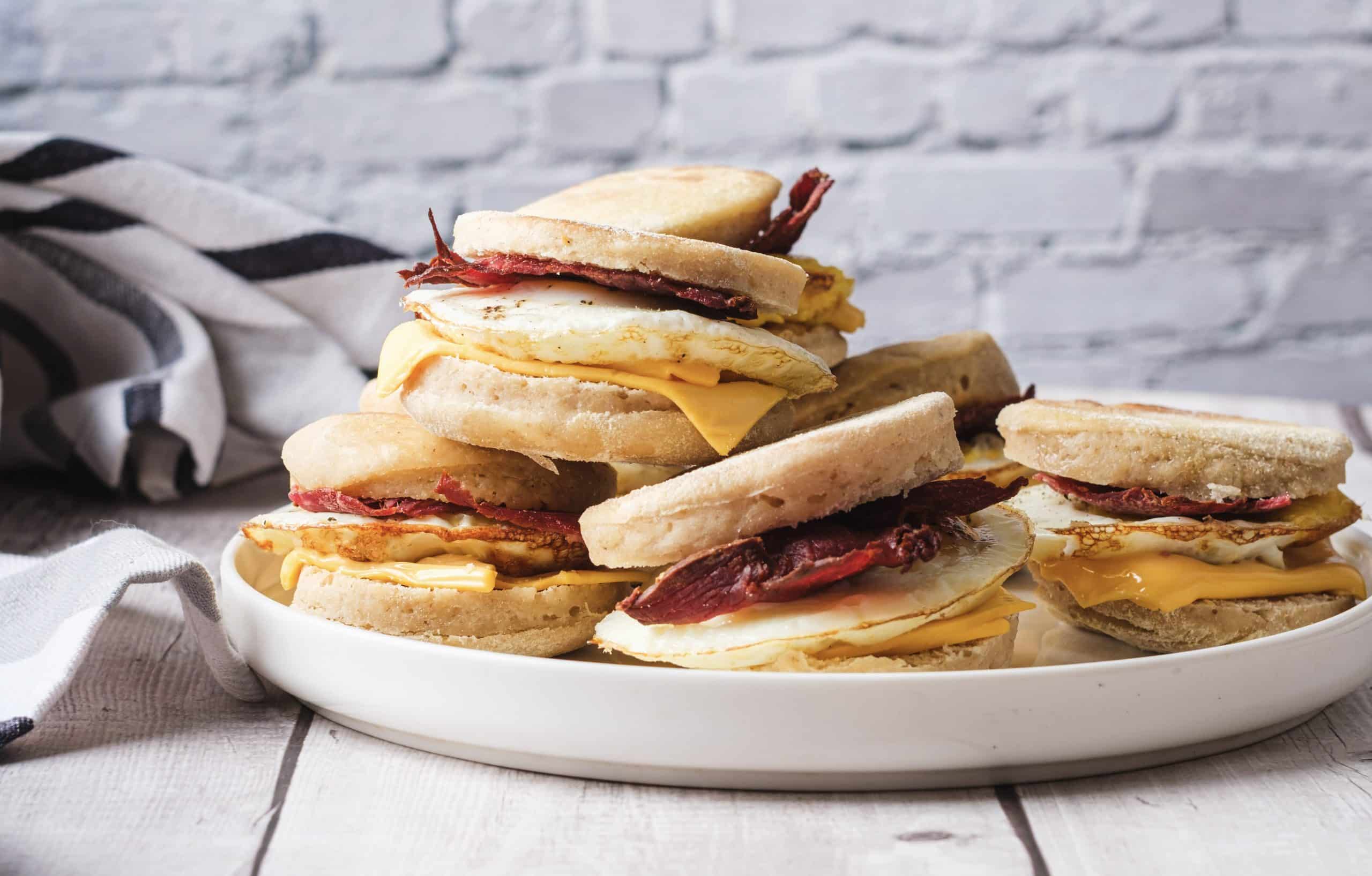 A pile of air fryer Egg McMuffins are placed on a white plate in a modern-themed kitchen with a wooden table and a grey brick wall in the background. The homemade Egg McMuffins are filled with fried egg, Canadian bacon, and cheddar cheese.