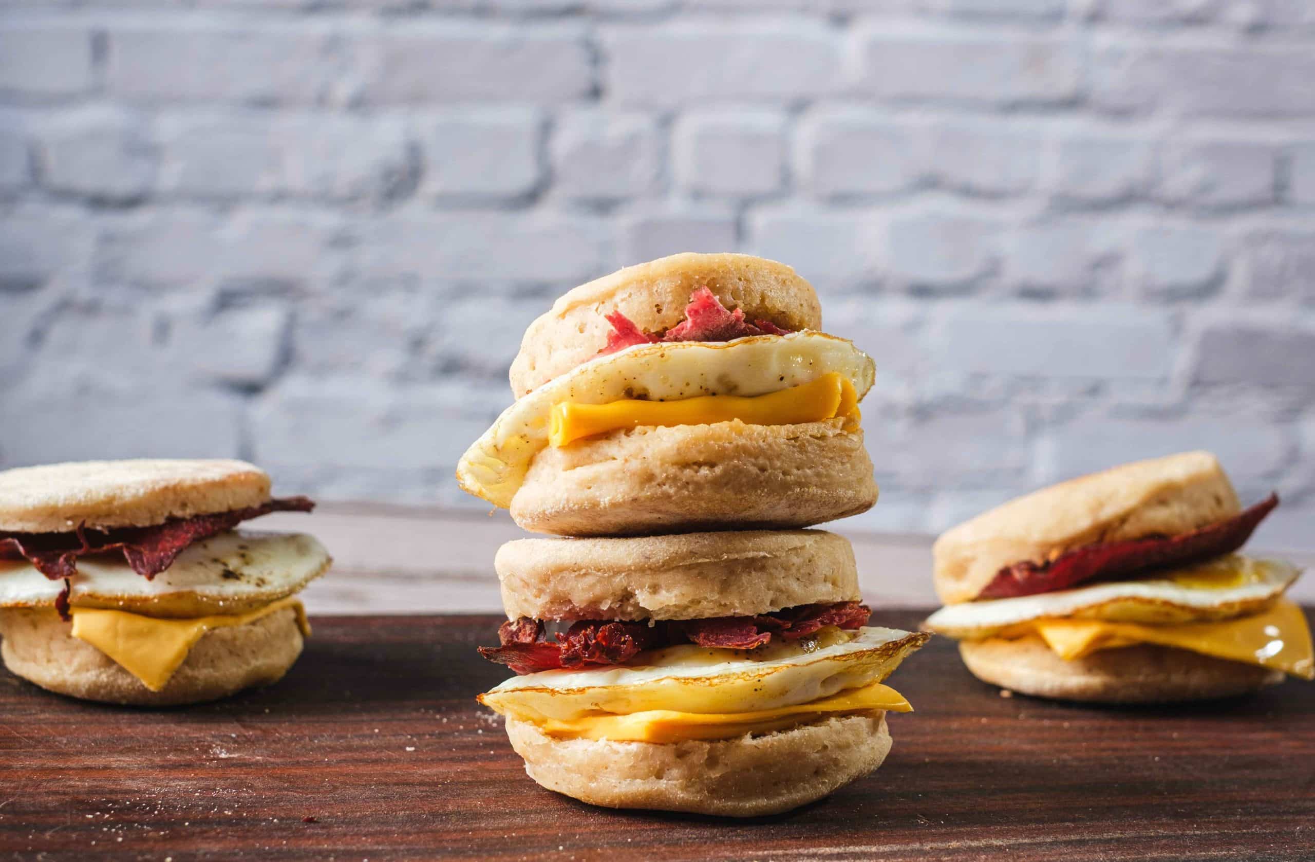 Four air fryer Egg McMuffins sit on a wooden cutting board. Each is fulled with Canadian bacon, a fried egg, and cheddar cheese.