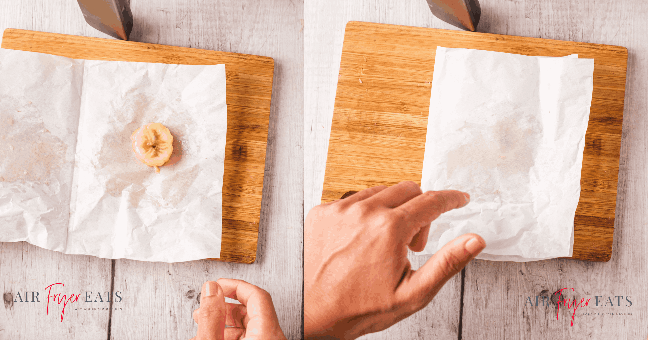 How to flatten fried plantain pieces for air fryer tostones. Step 1 is to place parchment paper on a cutting board. Then, place the once-fried plantain piece in the center. Step 2 is to fold over the parchment paper so it is covering the plantain piece.