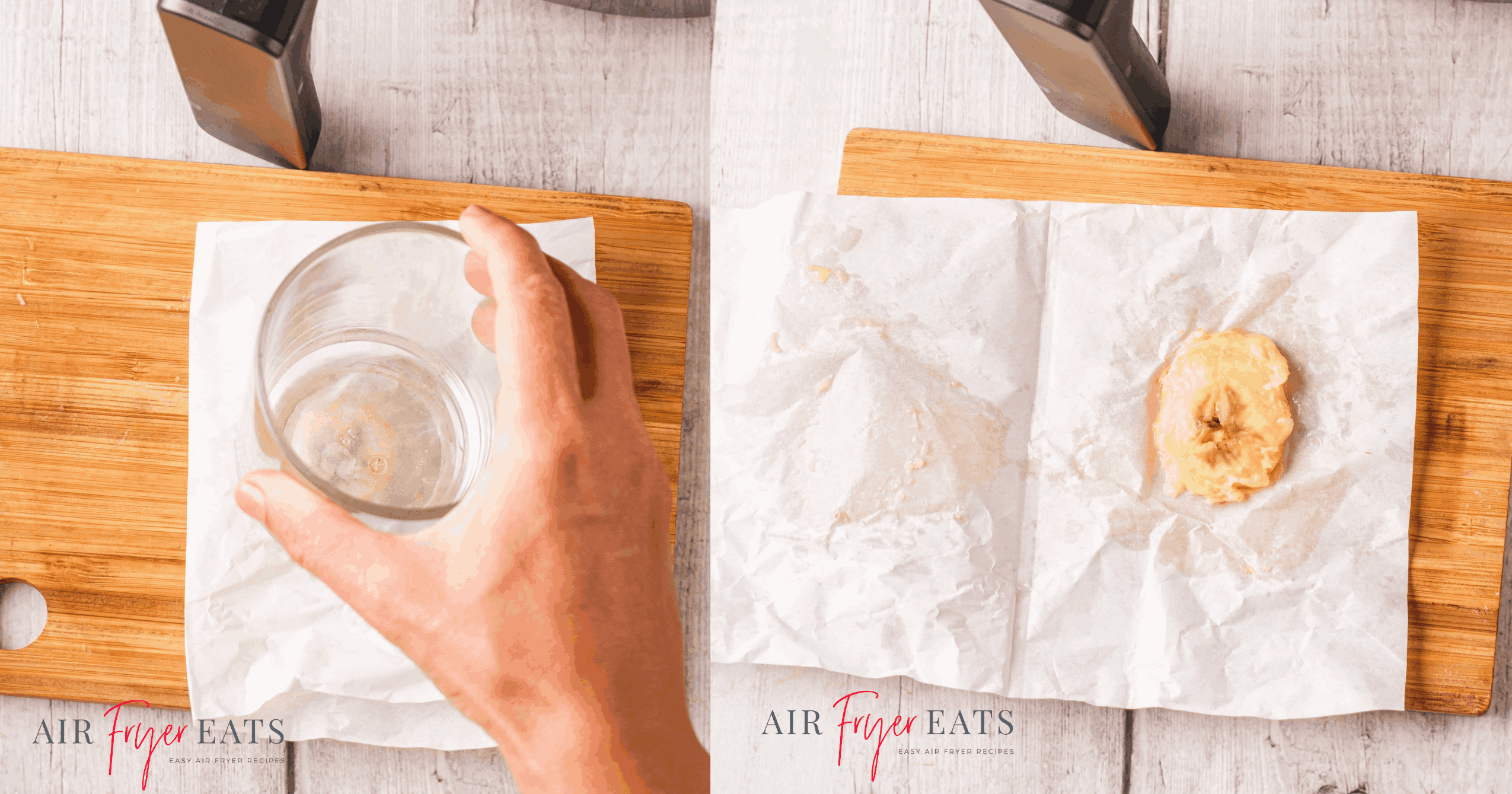 How to flatten fried plantain pieces for air fryer tostones. Step 3 is to use a hard, flat surface like the bottom of a glass cup to press the plantain piece until flat. Then, open the parchment paper and it will be ready to air fry again to finish cooking.