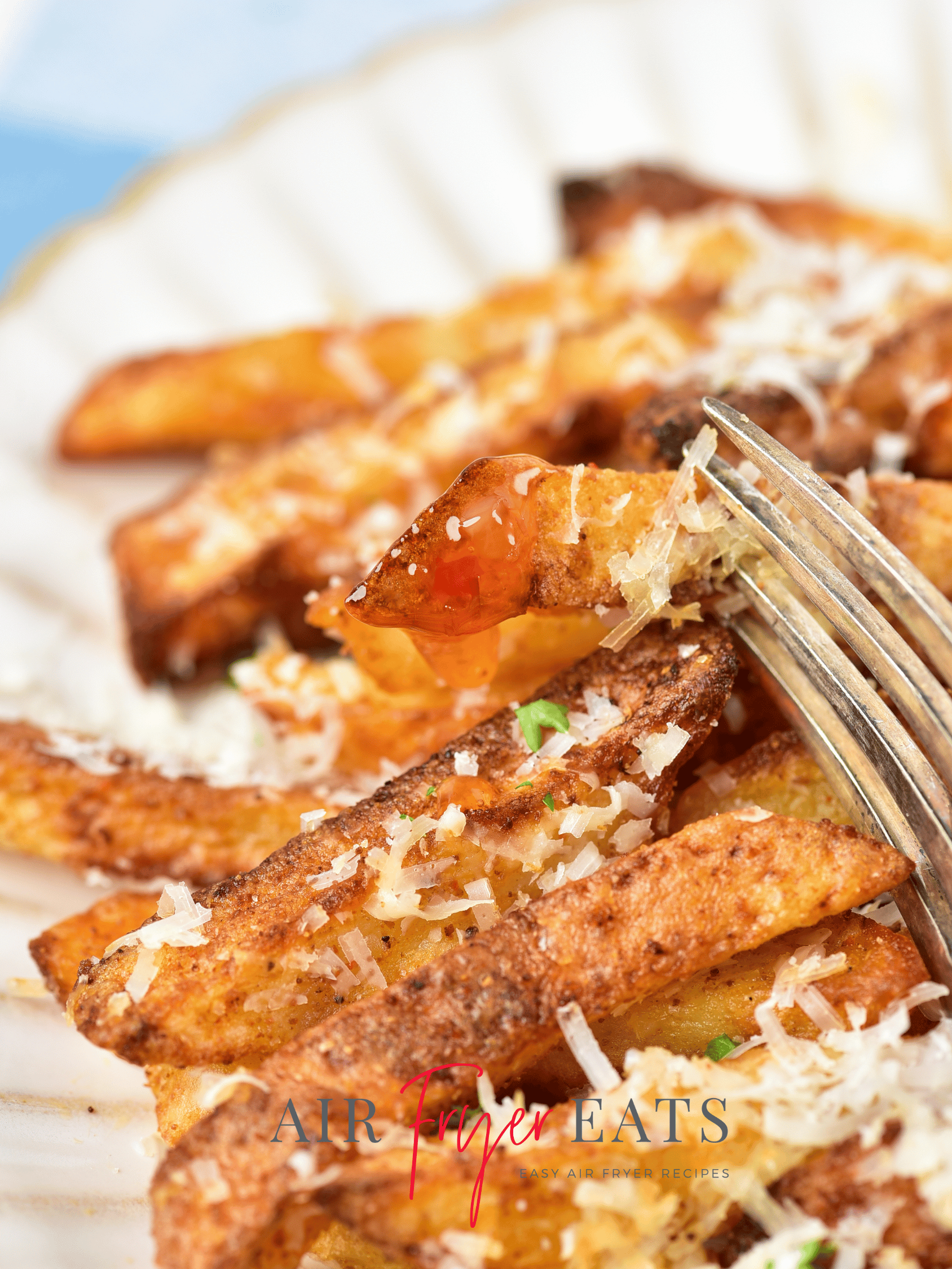 A close up shot of a garlic parmesan fry made in the air fryer. The fry has been dipped in a red, partially transparent sauce and the fries are covered in parsley and parmesan cheese.