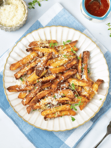 Air fryer garlic parmesan fries are a great side dish or appetizer. They're packed with flavor and extra crispy!
