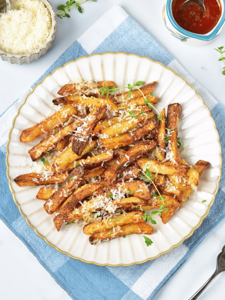 Air fryer garlic parmesan fries are a great side dish or appetizer. They're packed with flavor and extra crispy!