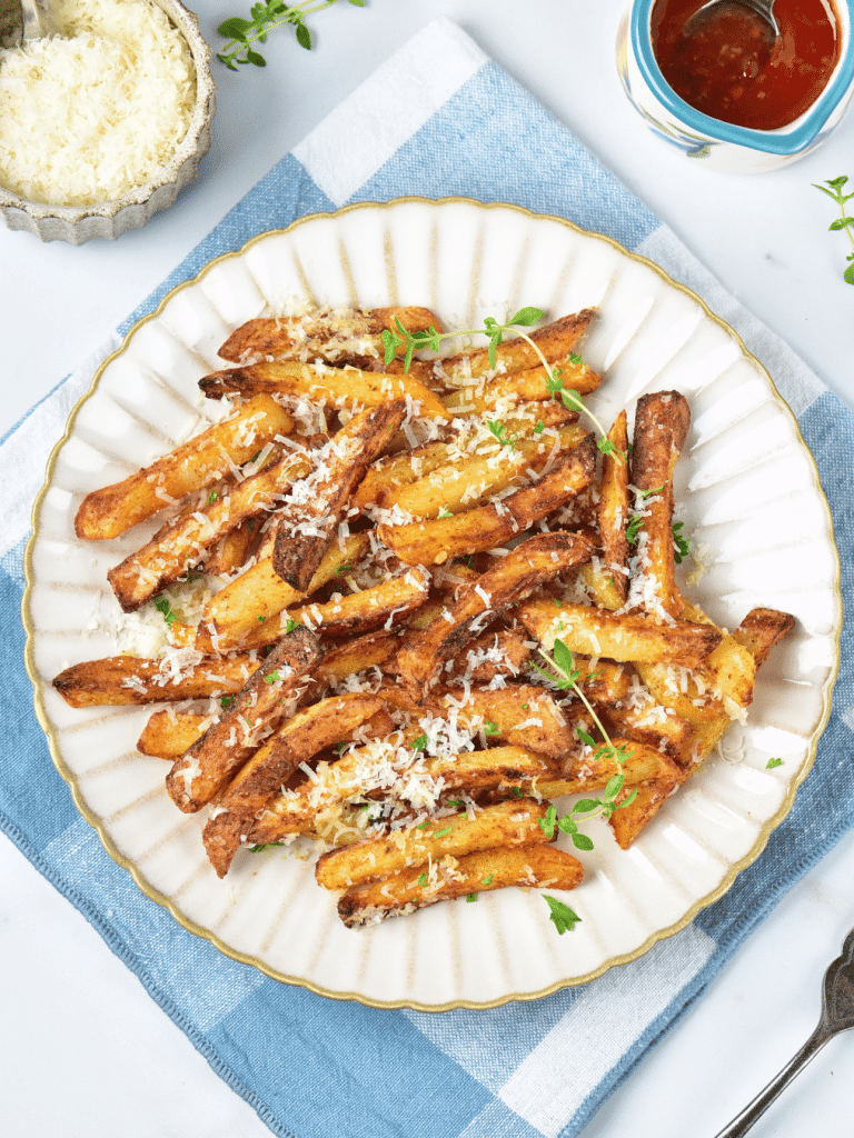 Air fryer garlic parmesan fries are a great side dish or appetizer. They're packed with flavor and extra crispy!